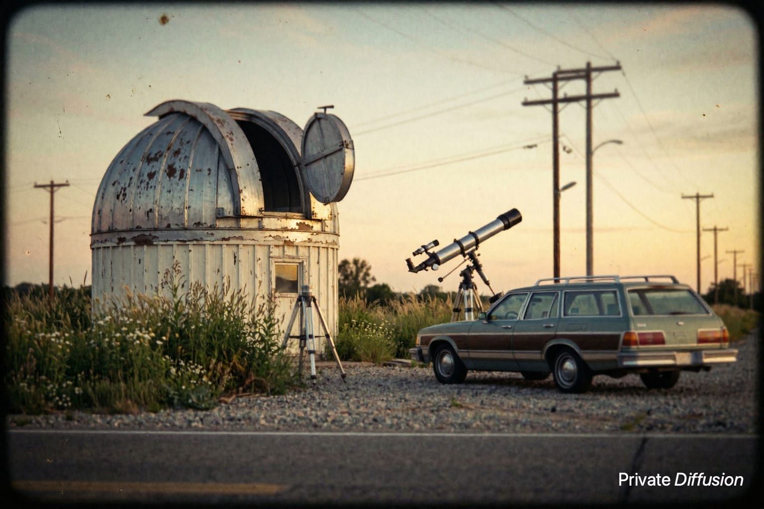 A small roadside observatory stands near weeds and a parked station wagon at dusk.
