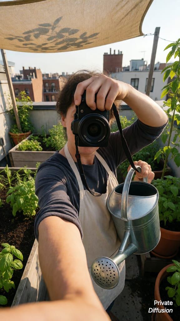 An adult gardener takes a rooftop selfie while holding a watering can.