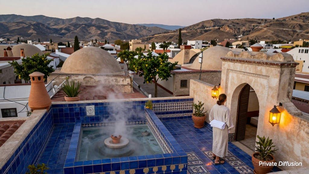 A traveler crosses a rooftop bath terrace above blue courtyards at dusk.