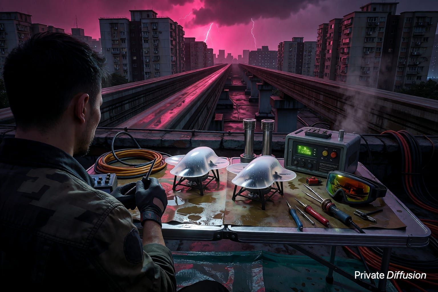A rooftop technician calibrates rain drones beside tools under a stormy city sky.