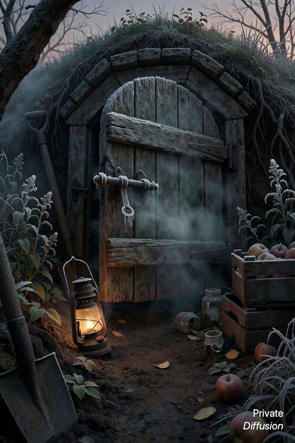 A frost-covered root cellar door bulges open slightly beside an abandoned lantern.