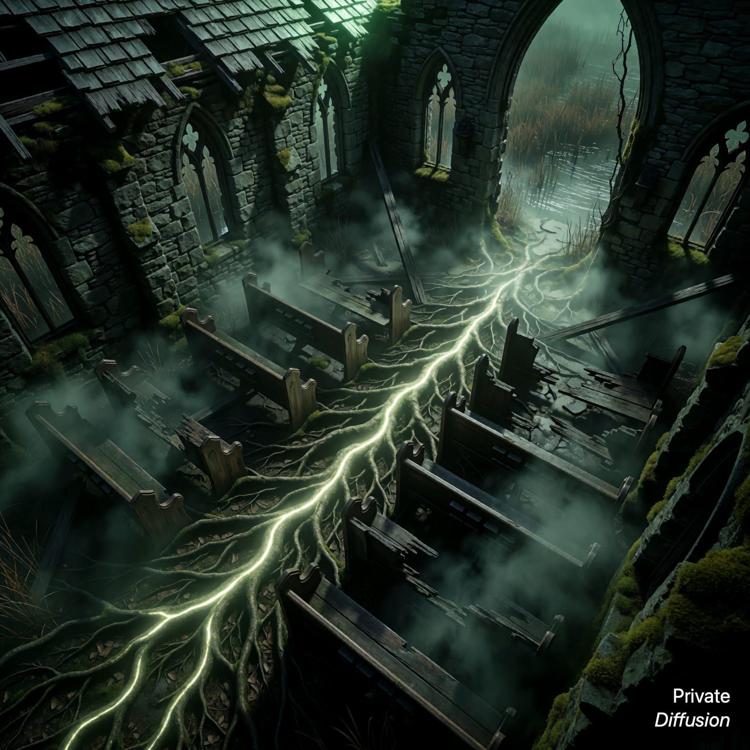 Glowing roots spread through the cracked floor of a ruined marsh chapel.