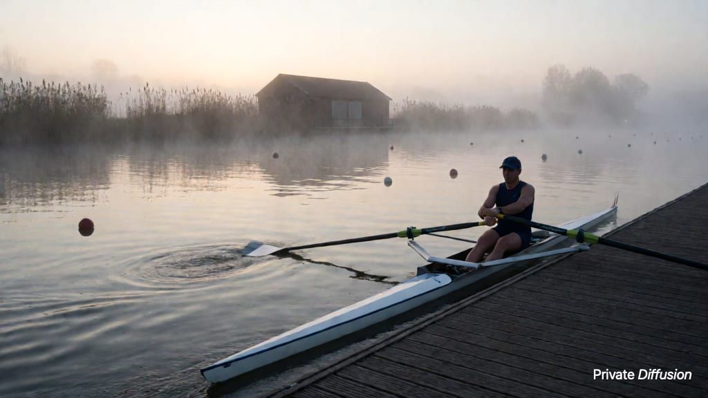 A rower launches a single scull from a foggy wooden dock at sunrise.