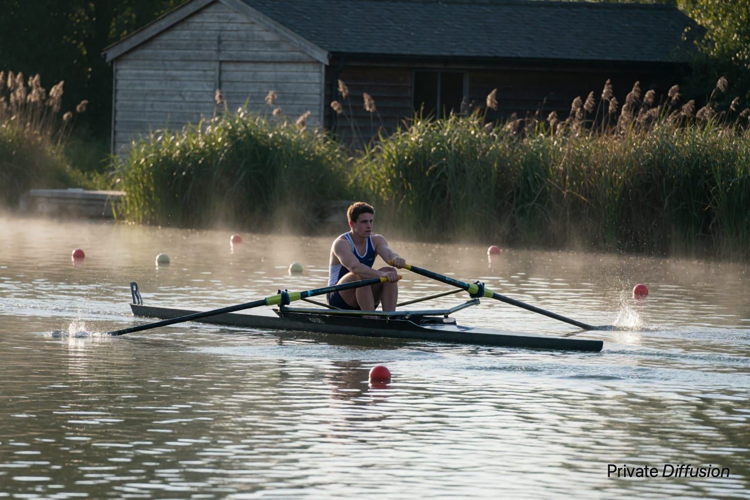 A rower in a racing shell pulls oars through misty morning water.