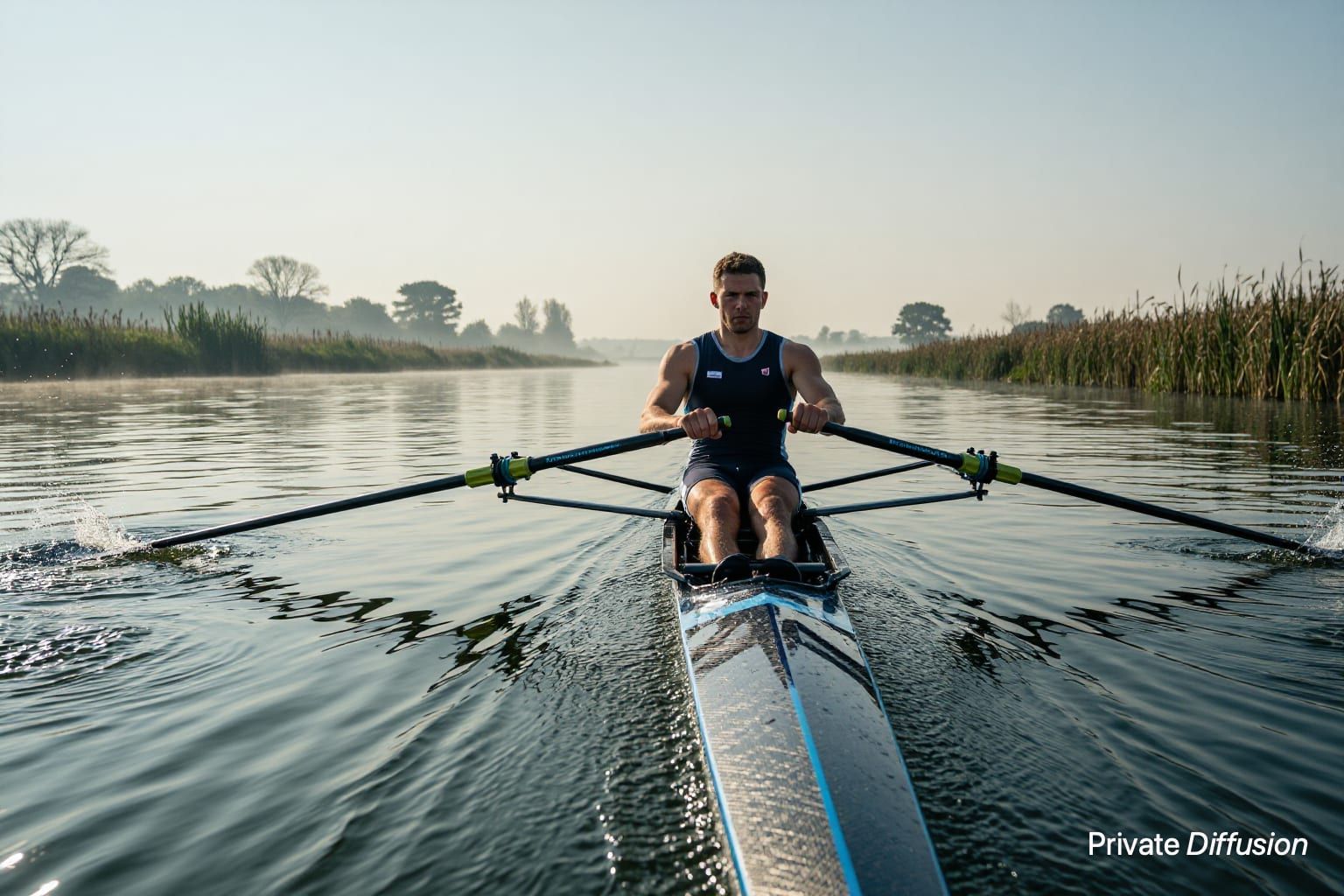 An adult rower propels a single scull through misty river water at dawn.