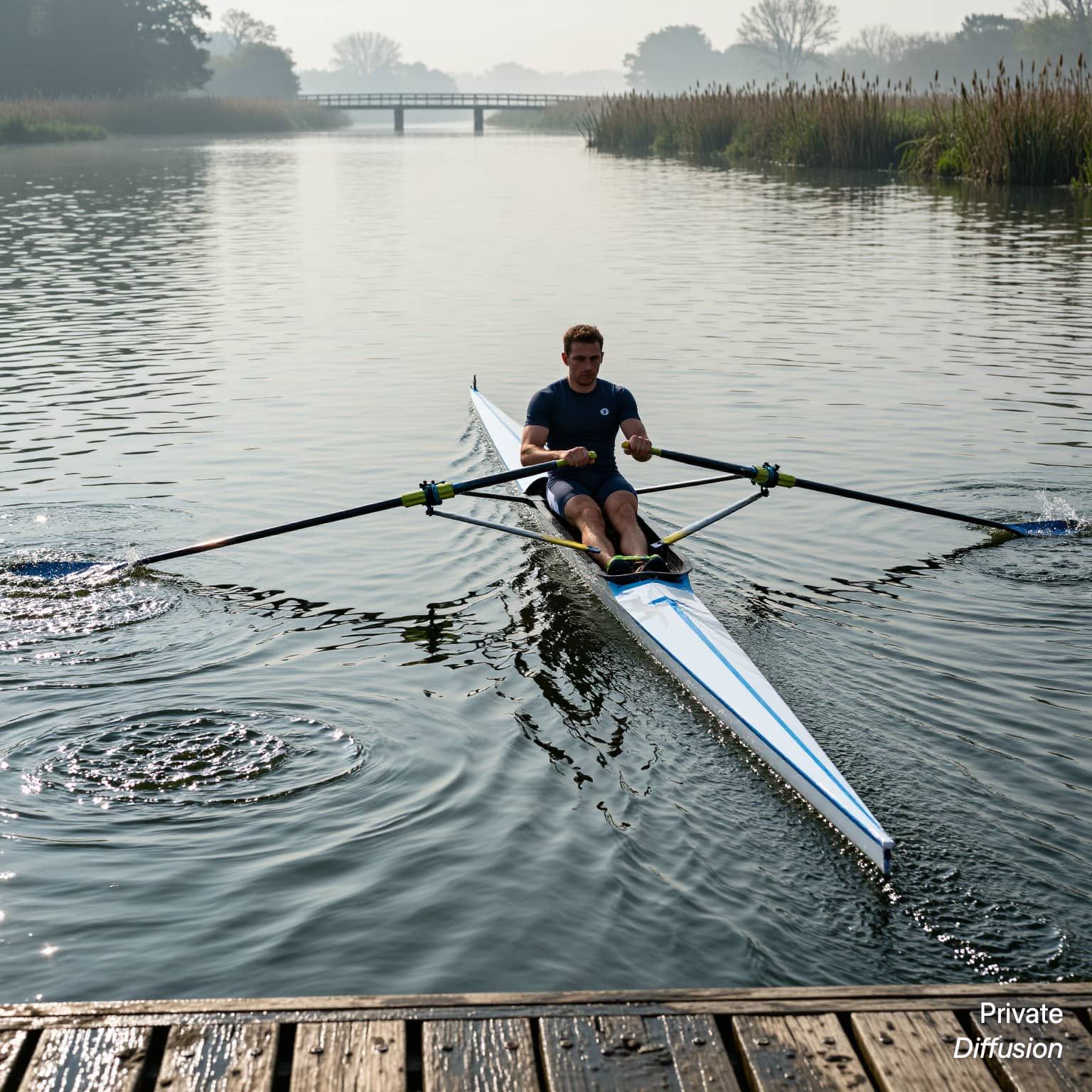 An adult rower trains alone on a misty river at morning.
