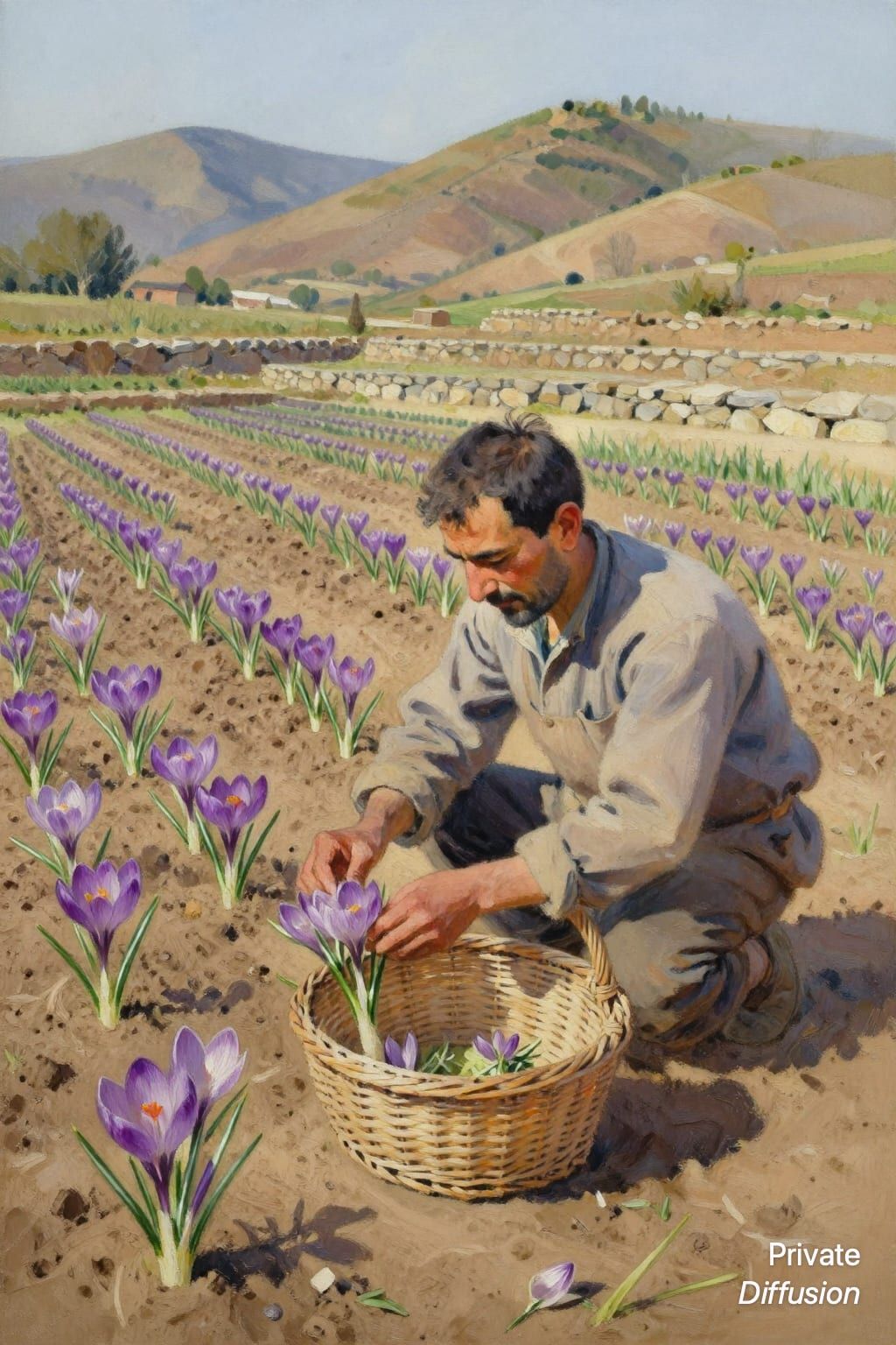 A gouache painting shows a farmer gathering purple saffron flowers into a basket.