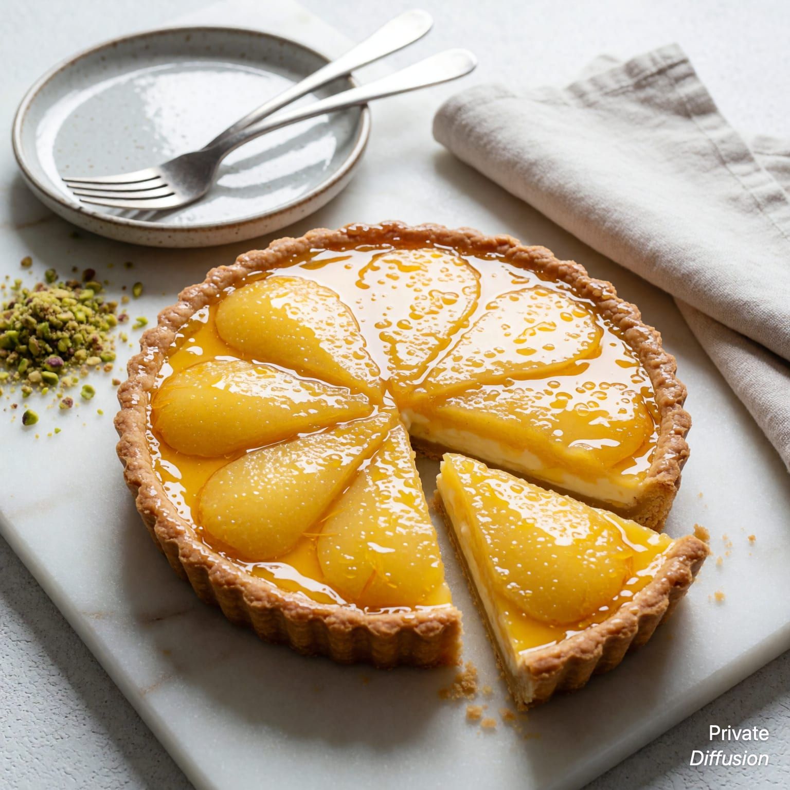 A sliced pear tart rests on marble with pistachio crumbs and a fork nearby.