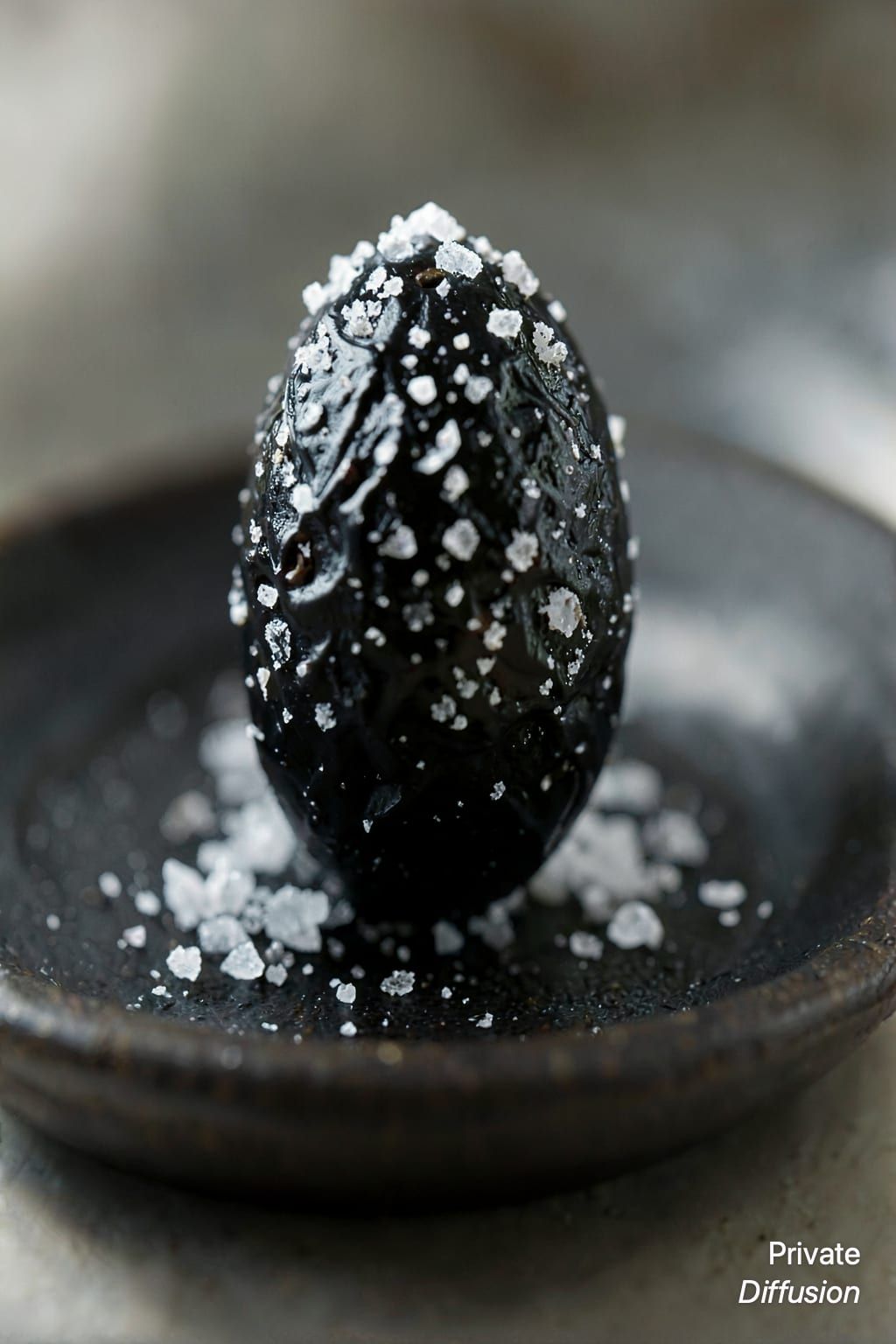 Salt crystals cover the wrinkled surface of a black olive on a dark saucer.