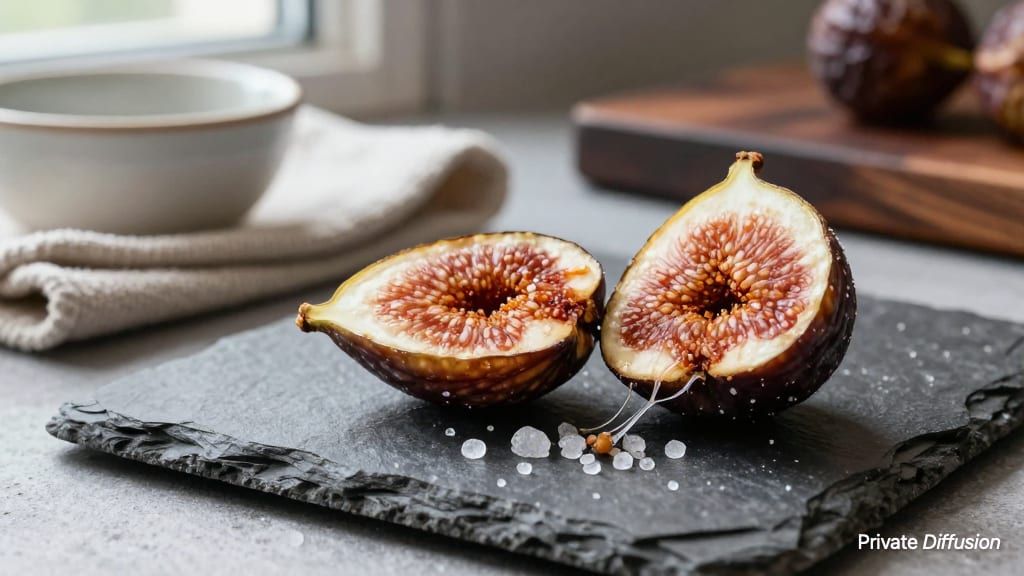 A split dried fig with salt crystals rests on slate in soft kitchen light.