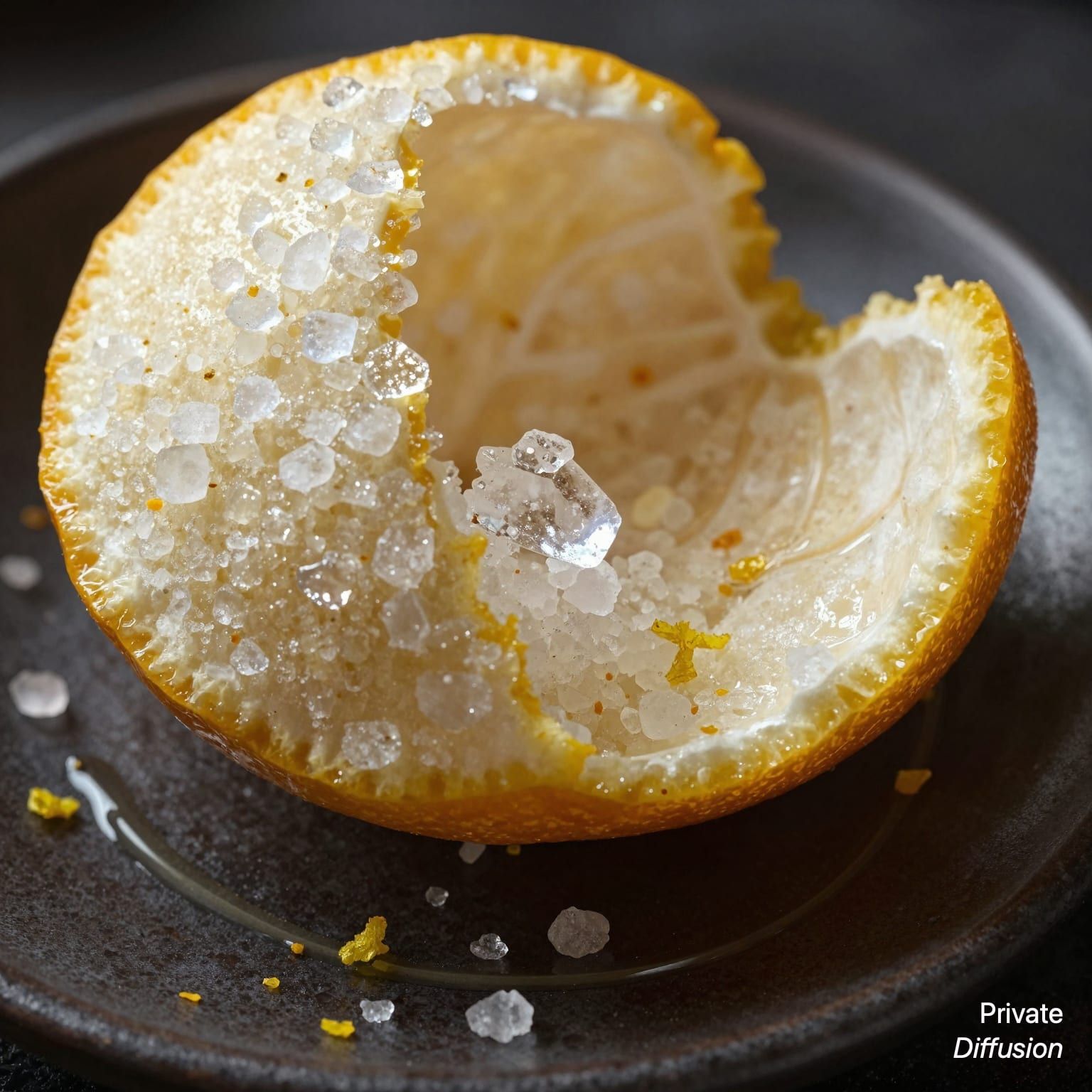 Salt crystals sparkle on a curled piece of citrus peel on a dark saucer.