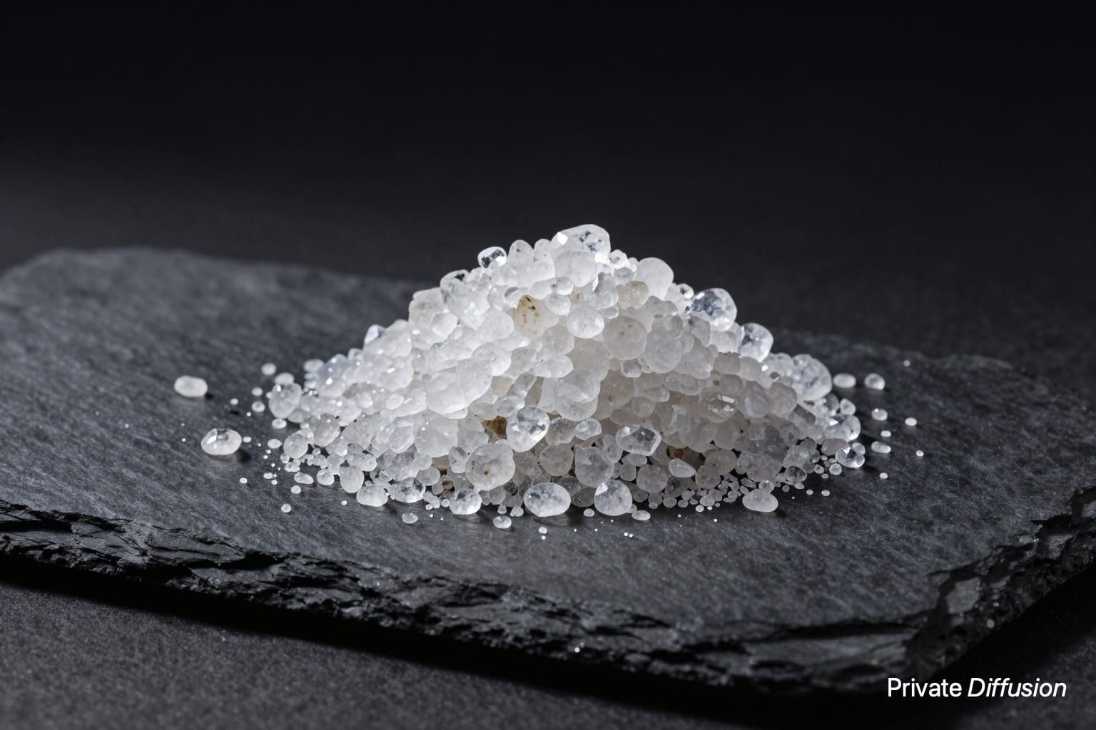 Translucent sea salt crystals and scattered grains sit on dark slate in side light.
