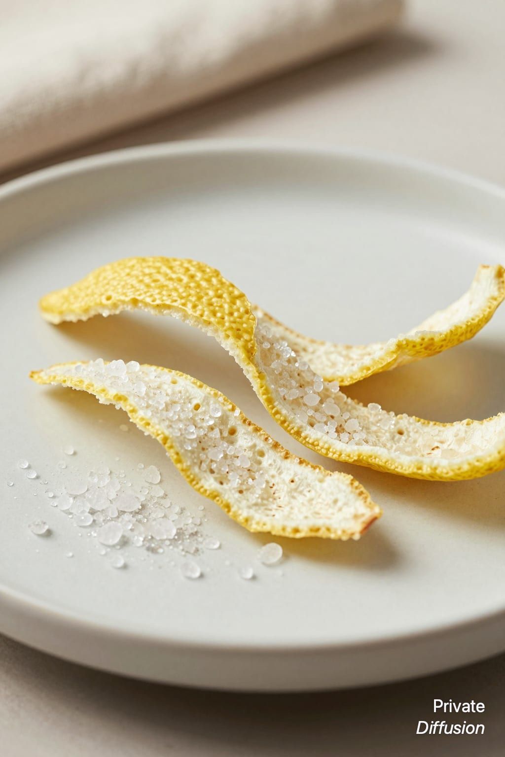 Salt crystals sparkle on curled strips of dried lemon peel.
