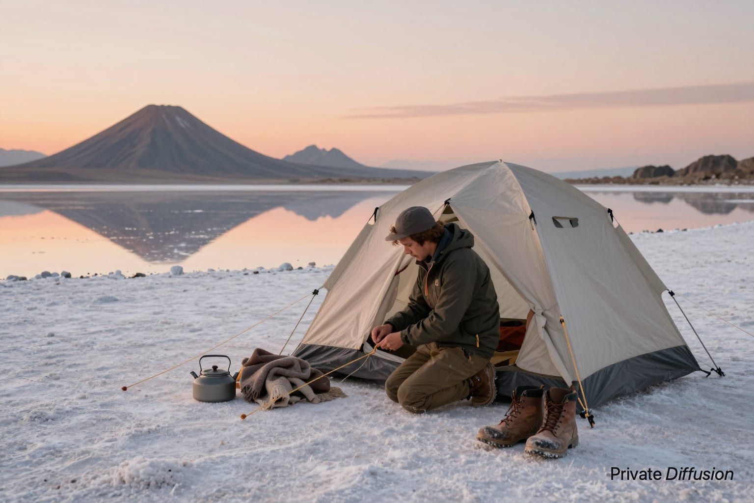 An adult traveler adjusts a small tent on a reflective salt flat at sunrise.