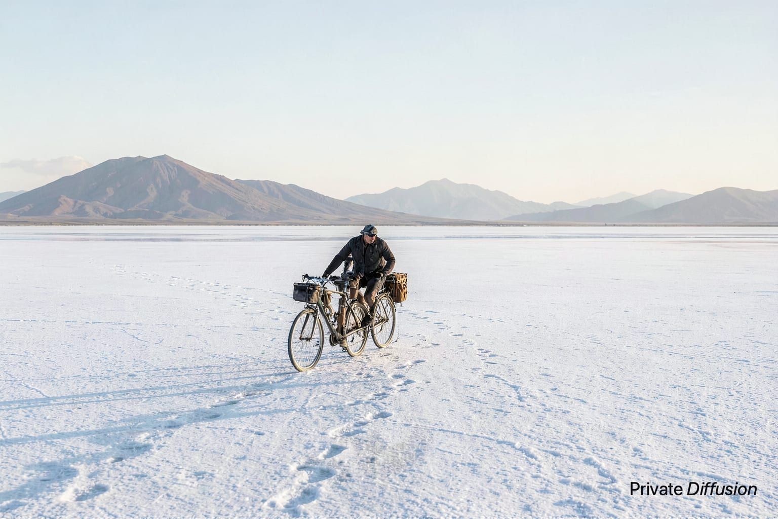 A cyclist walks a loaded bicycle across bright salt flats after sunrise.