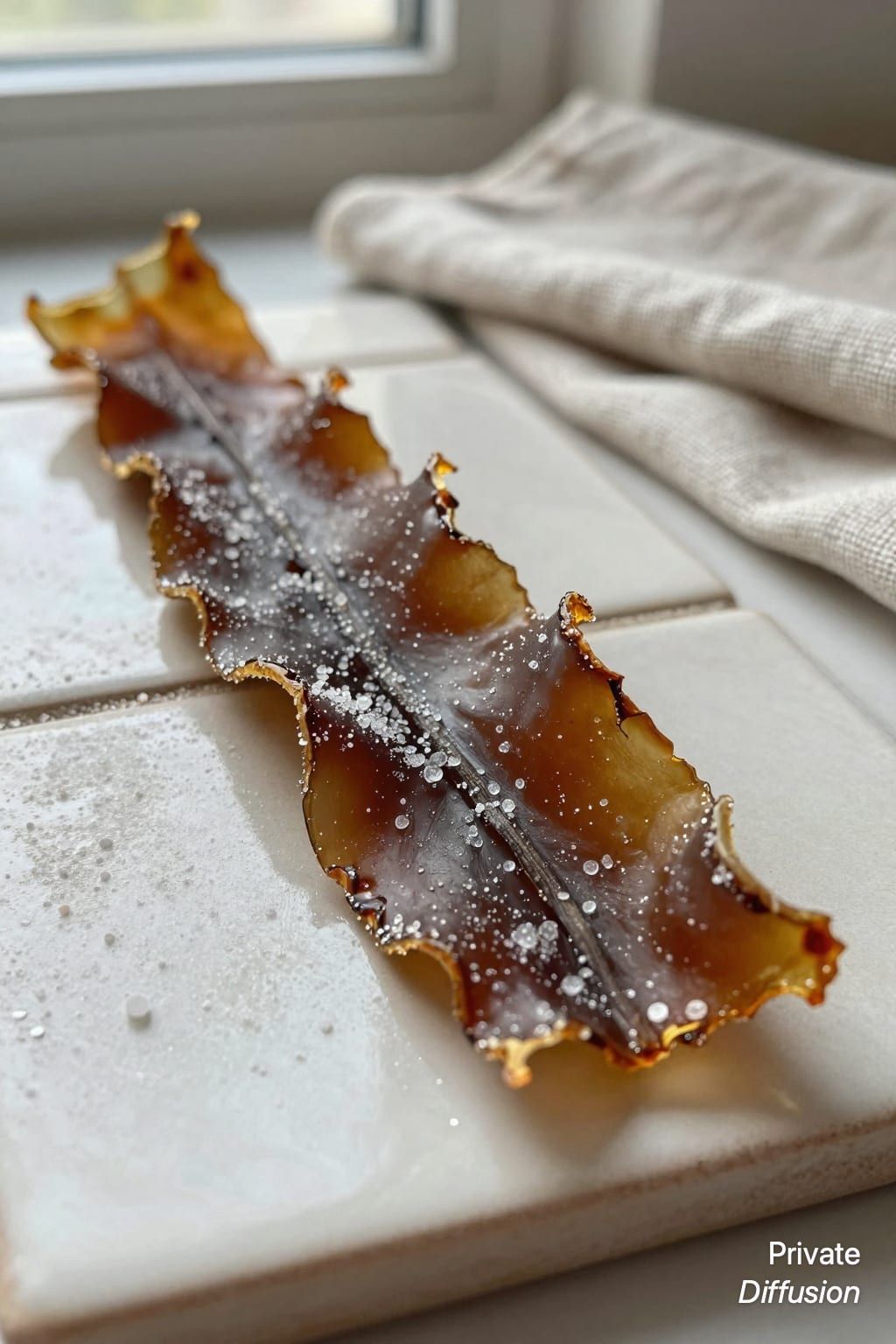 Coarse salt grains rest on a curled strip of dried kelp.