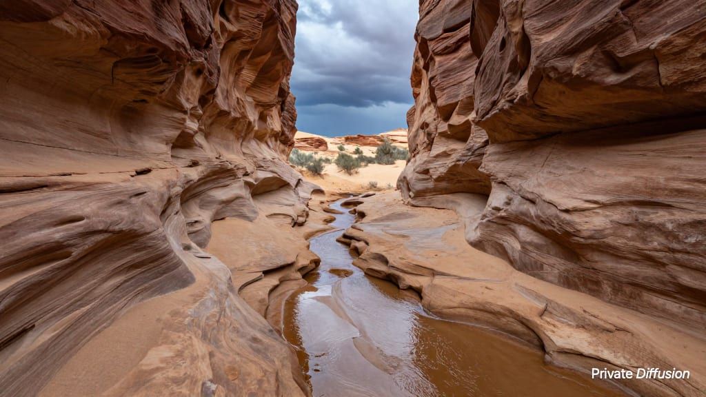 A wet sandstone slot canyon winds toward a bright desert opening after rain.