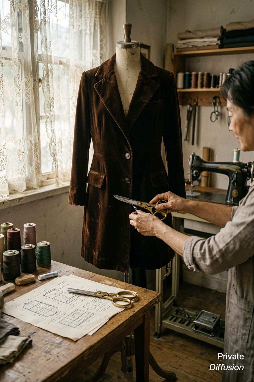 A seamstress pins a velvet coat on a dress form in a vintage workroom.
