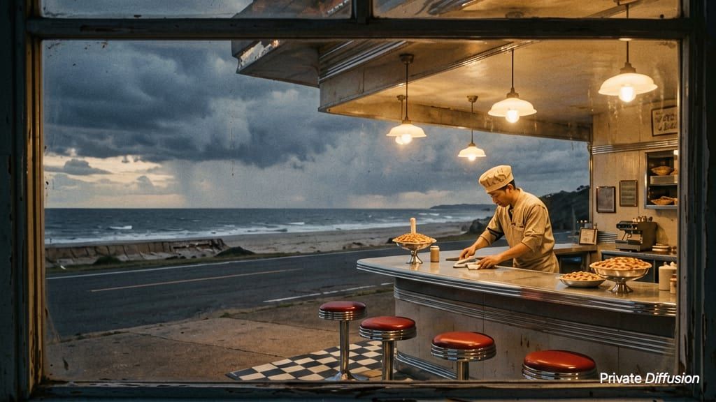 A glowing seaside diner sits beside a road under gathering storm clouds.