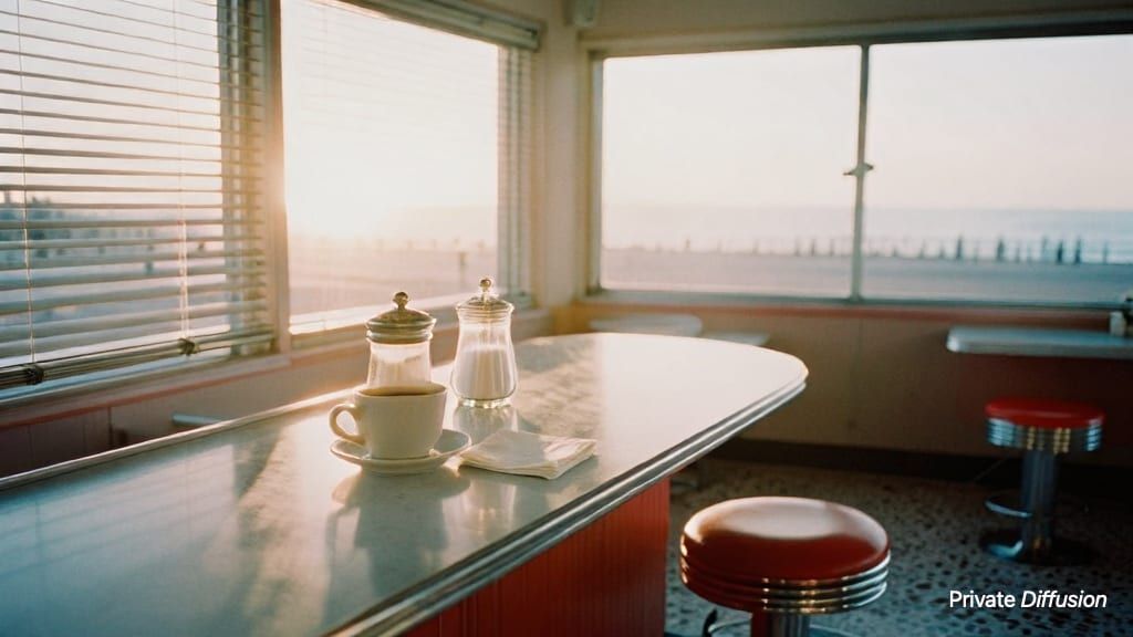 A vintage seaside diner counter holds coffee and sugar in soft sunrise light.
