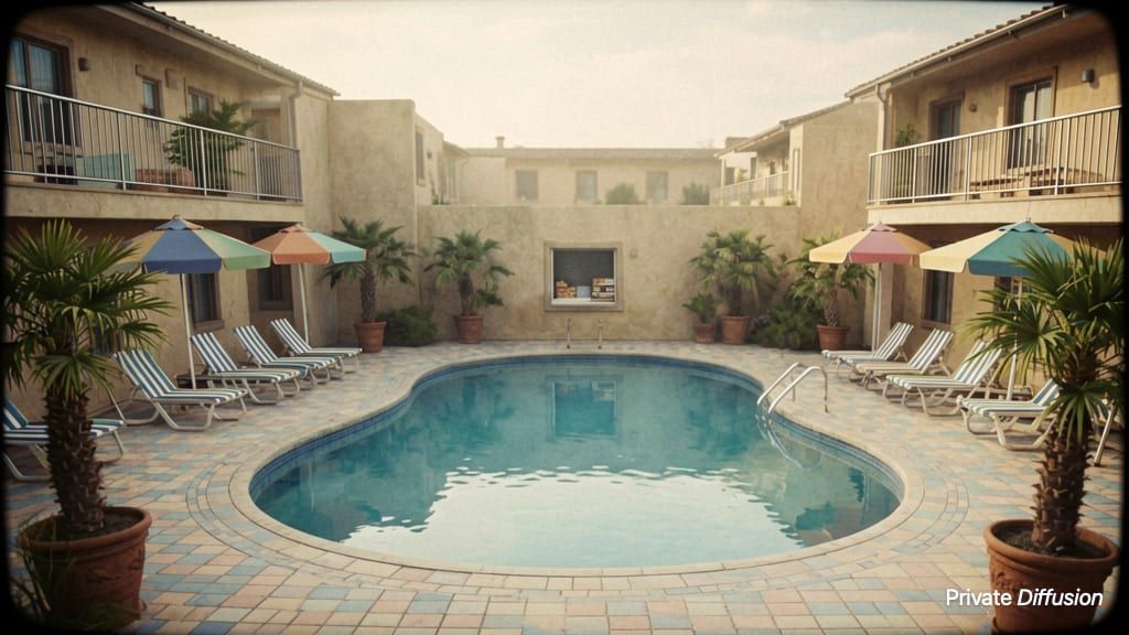 A quiet vintage motel pool reflects lounge chairs in hazy coastal light.