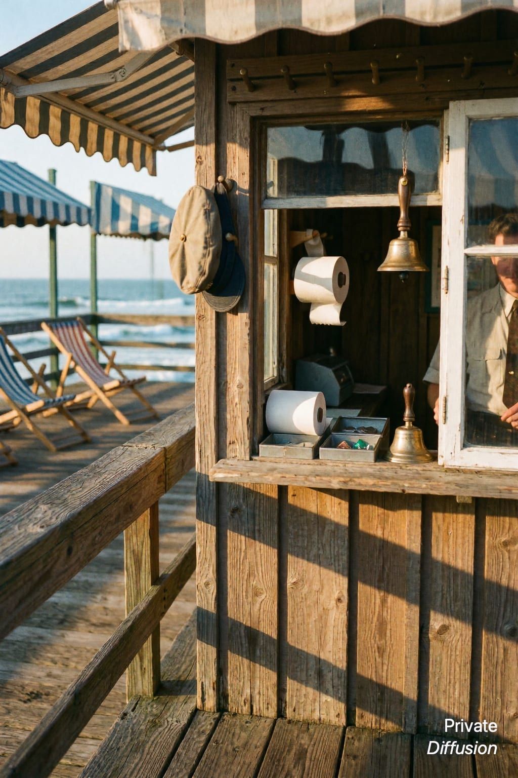 A vintage seaside ticket booth faces a quiet boardwalk in warm afternoon light.