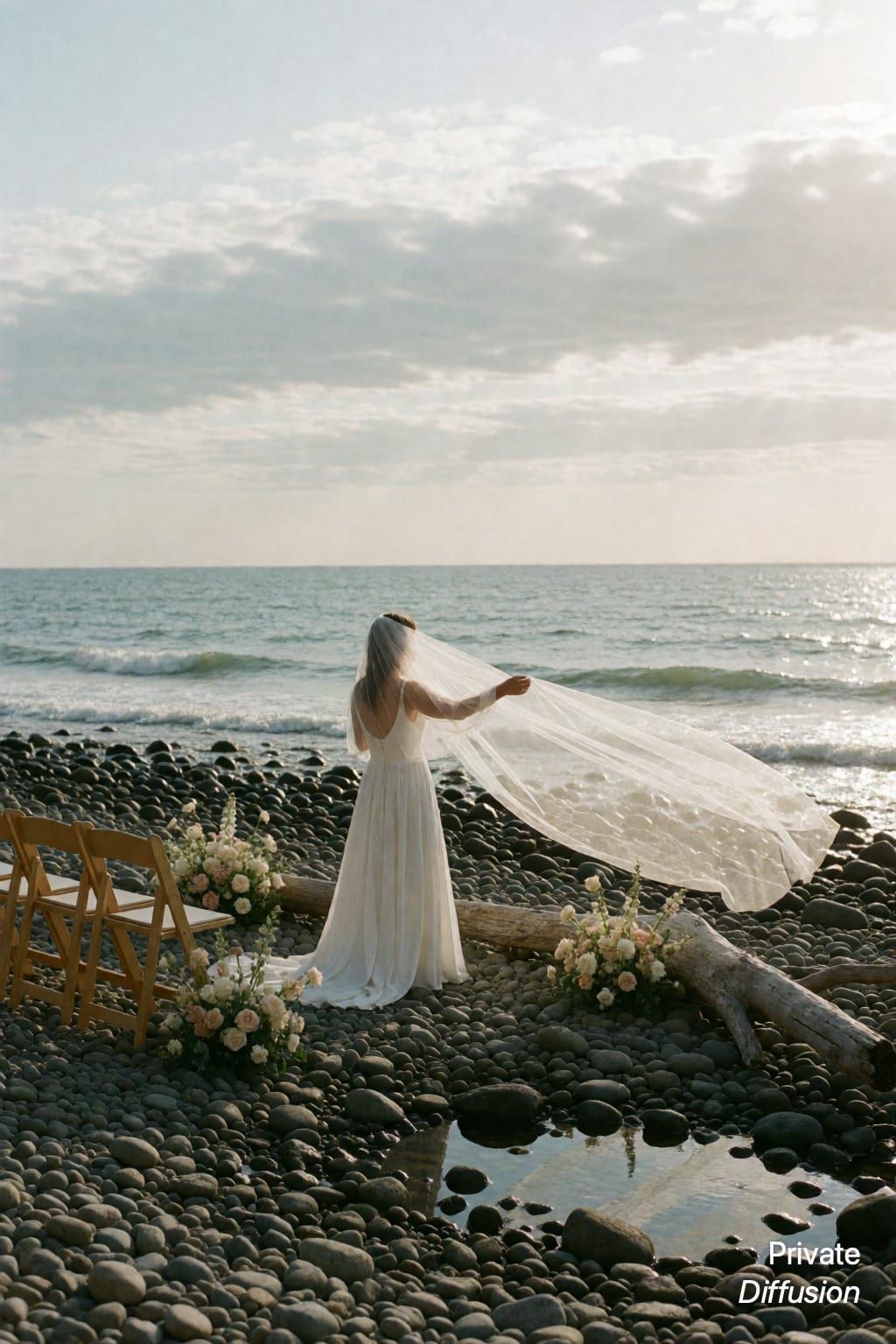 An adult bride holds a windblown veil beside a rocky seaside wedding setup.