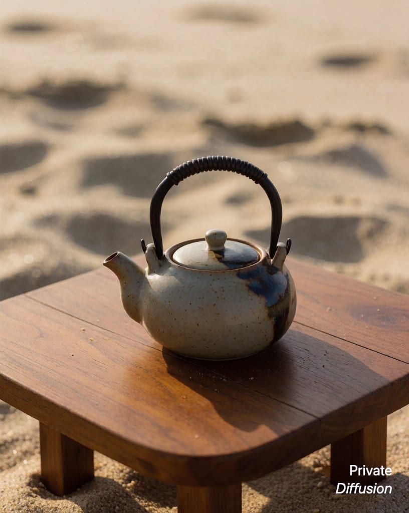 a ceramic teapot on a wooden table, with beach added