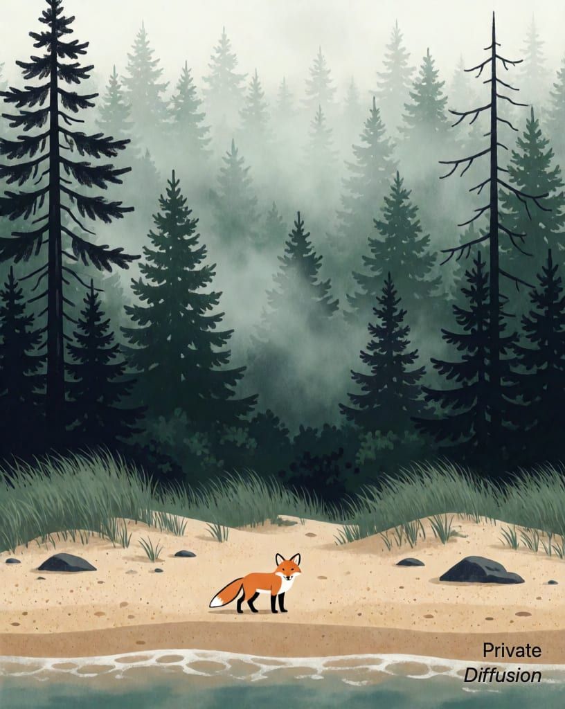 a fox in a misty forest, with beach added