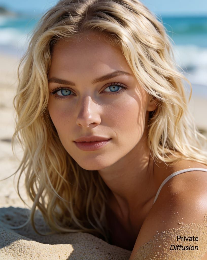 photorealistic portrait of a blonde woman with blue eyes, with beach added