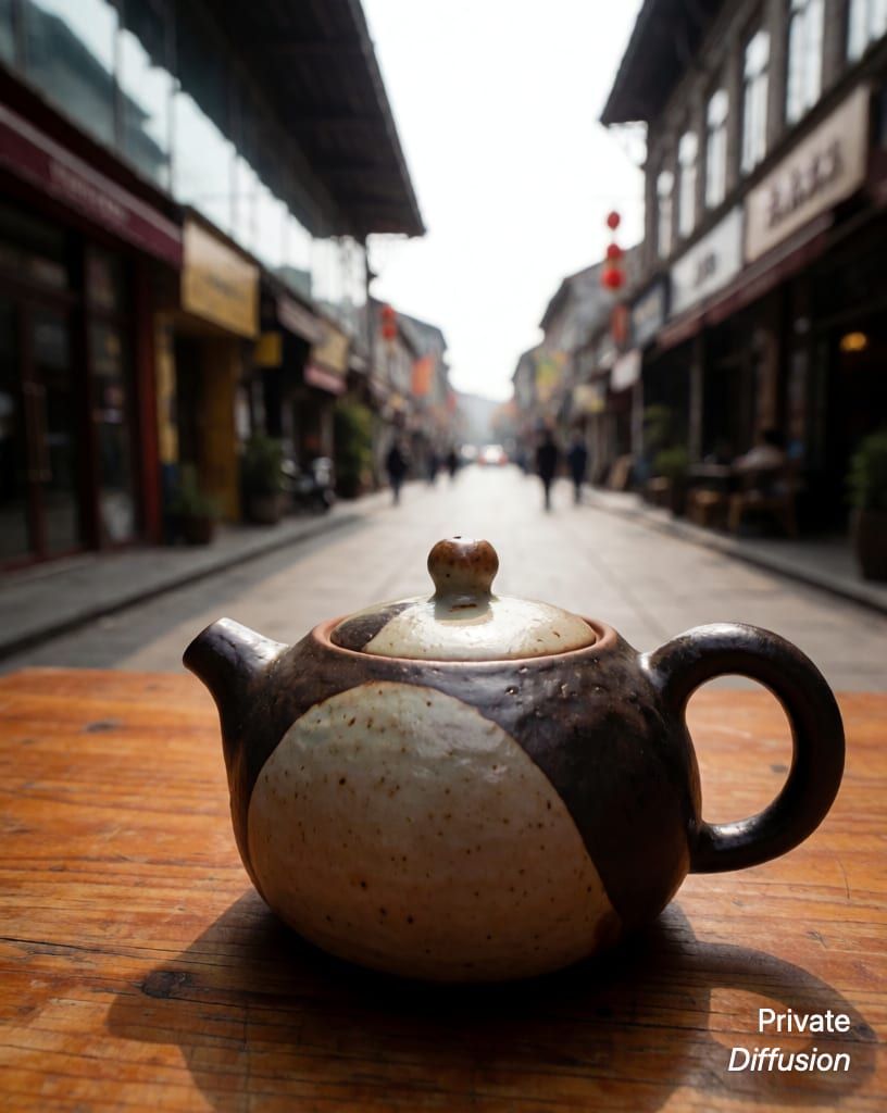 a ceramic teapot on a wooden table, with city street added
