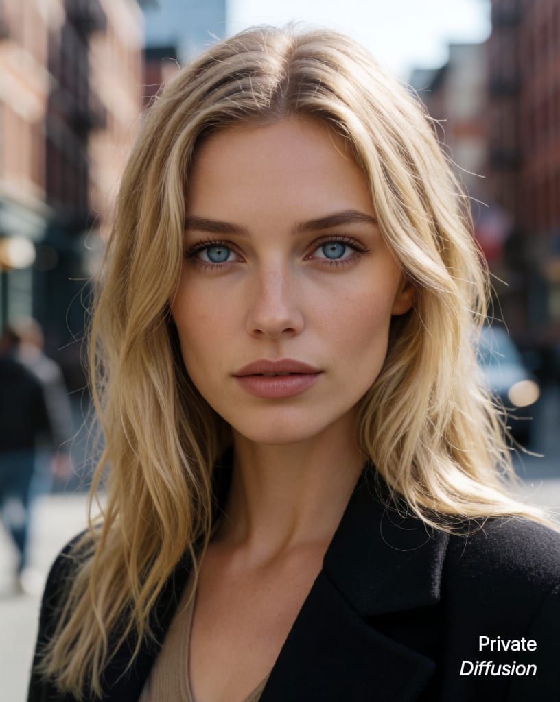 photorealistic portrait of a blonde woman with blue eyes, with city street added