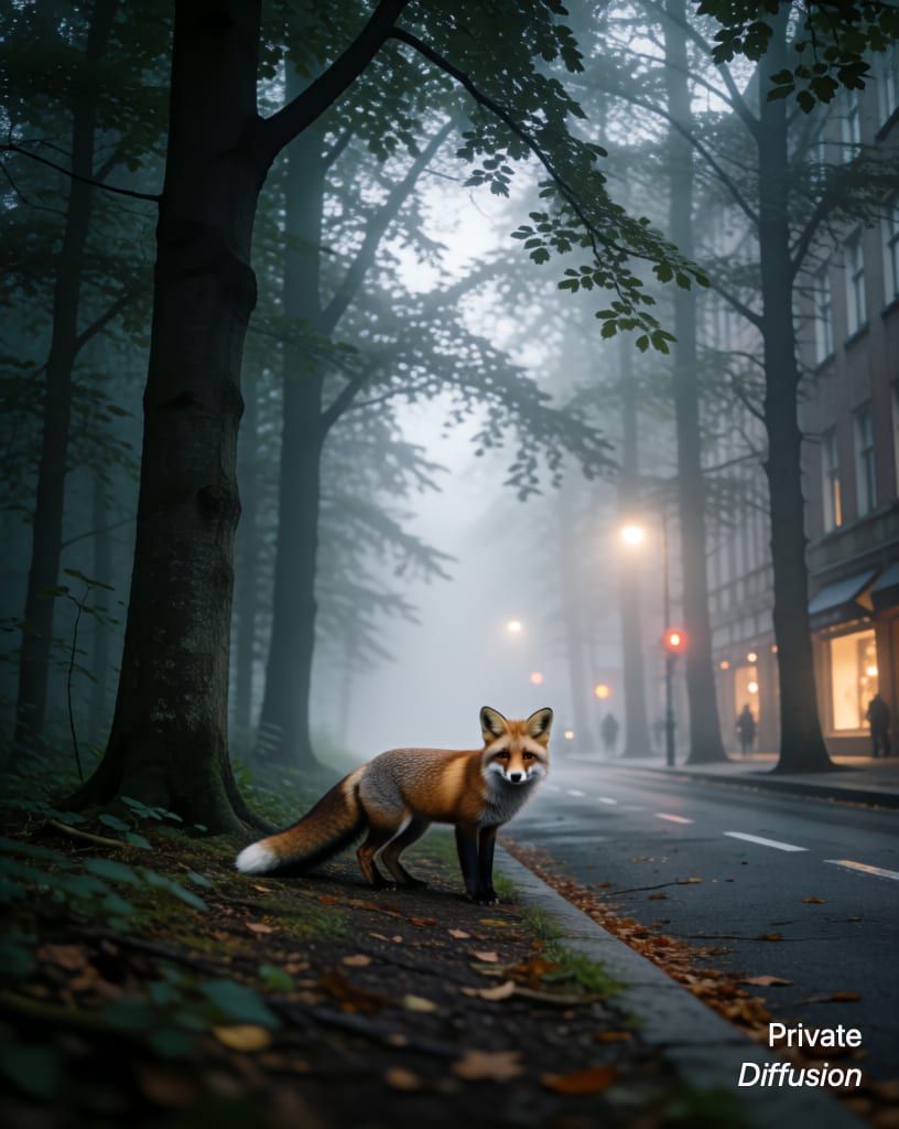 a fox in a misty forest, with city street added