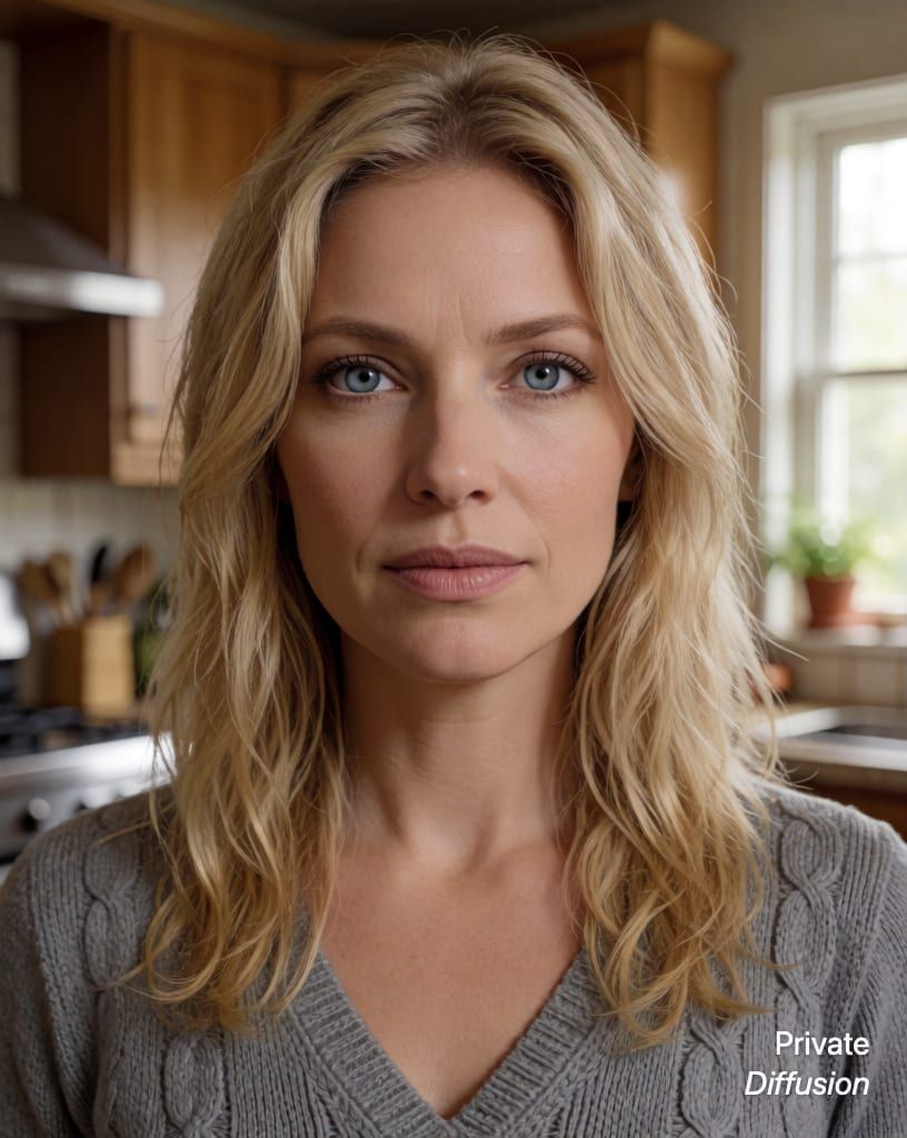 photorealistic portrait of a blonde woman with blue eyes, with cozy kitchen added