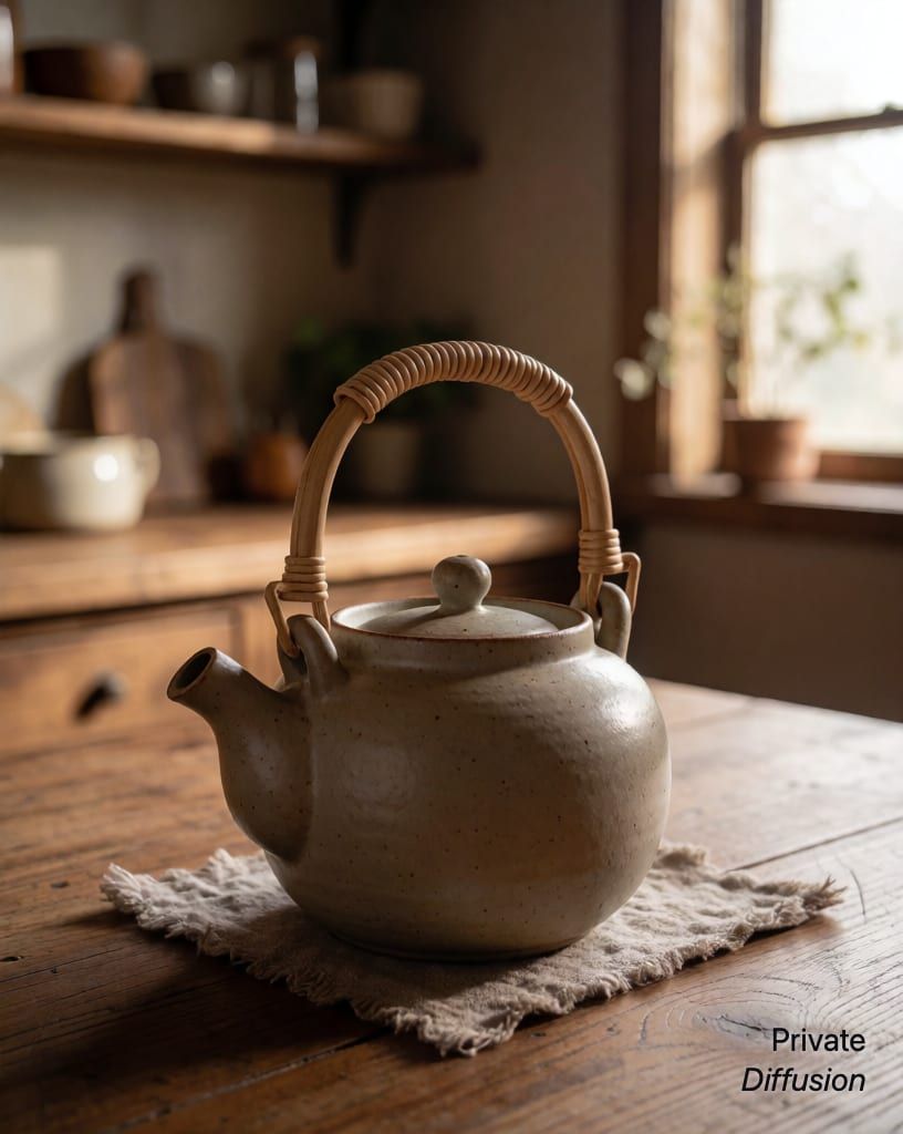 a ceramic teapot on a wooden table, with cozy kitchen added