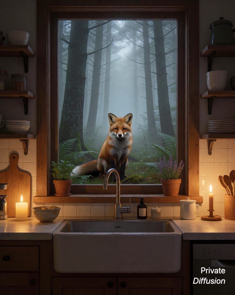 a fox in a misty forest, with cozy kitchen added