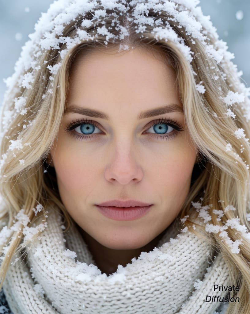 photorealistic portrait of a blonde woman with blue eyes, with fresh snow added