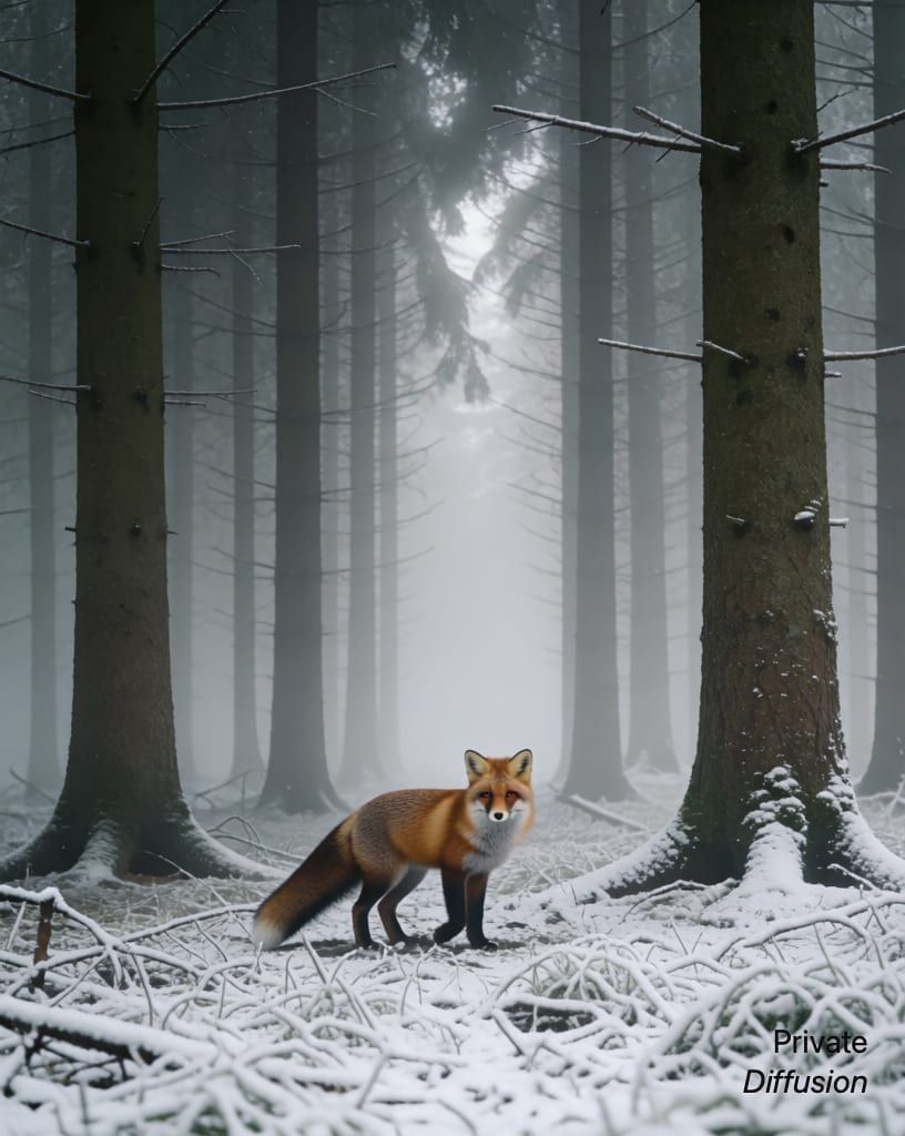 a fox in a misty forest, with fresh snow added