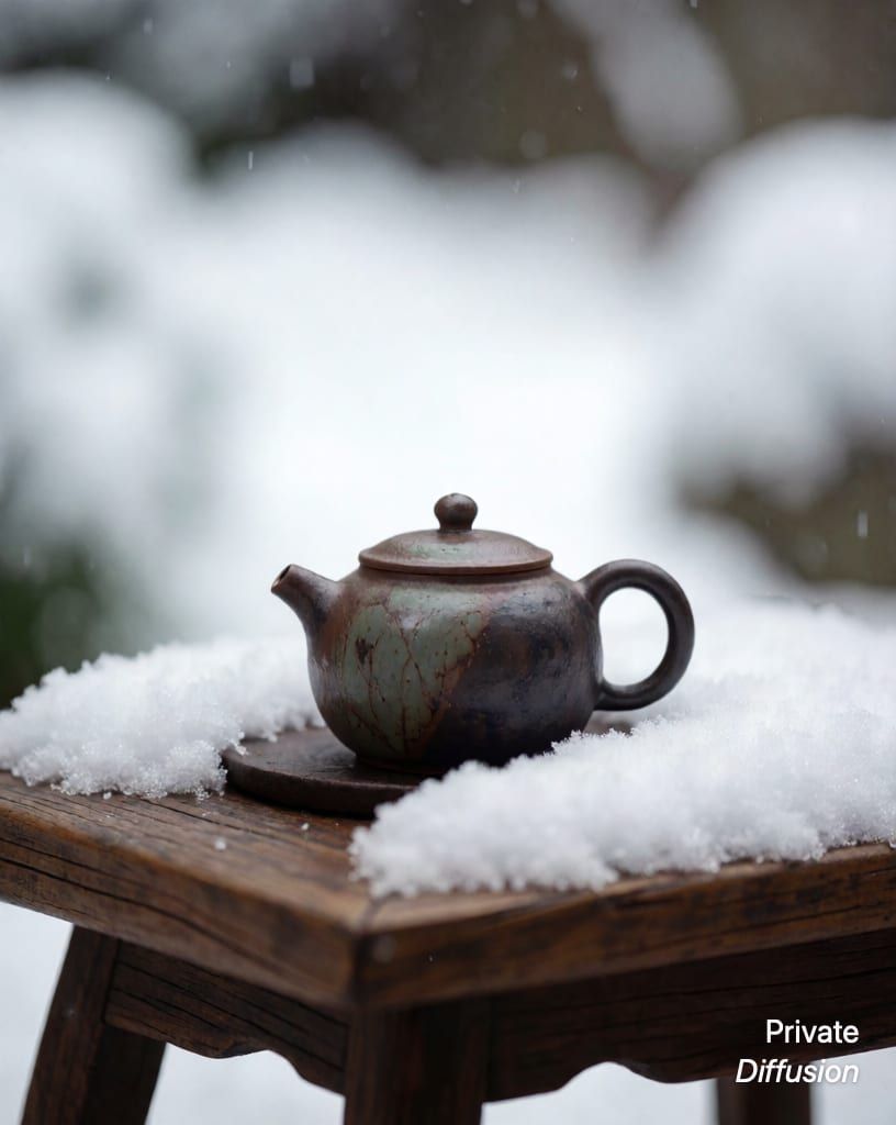 a ceramic teapot on a wooden table, with fresh snow added