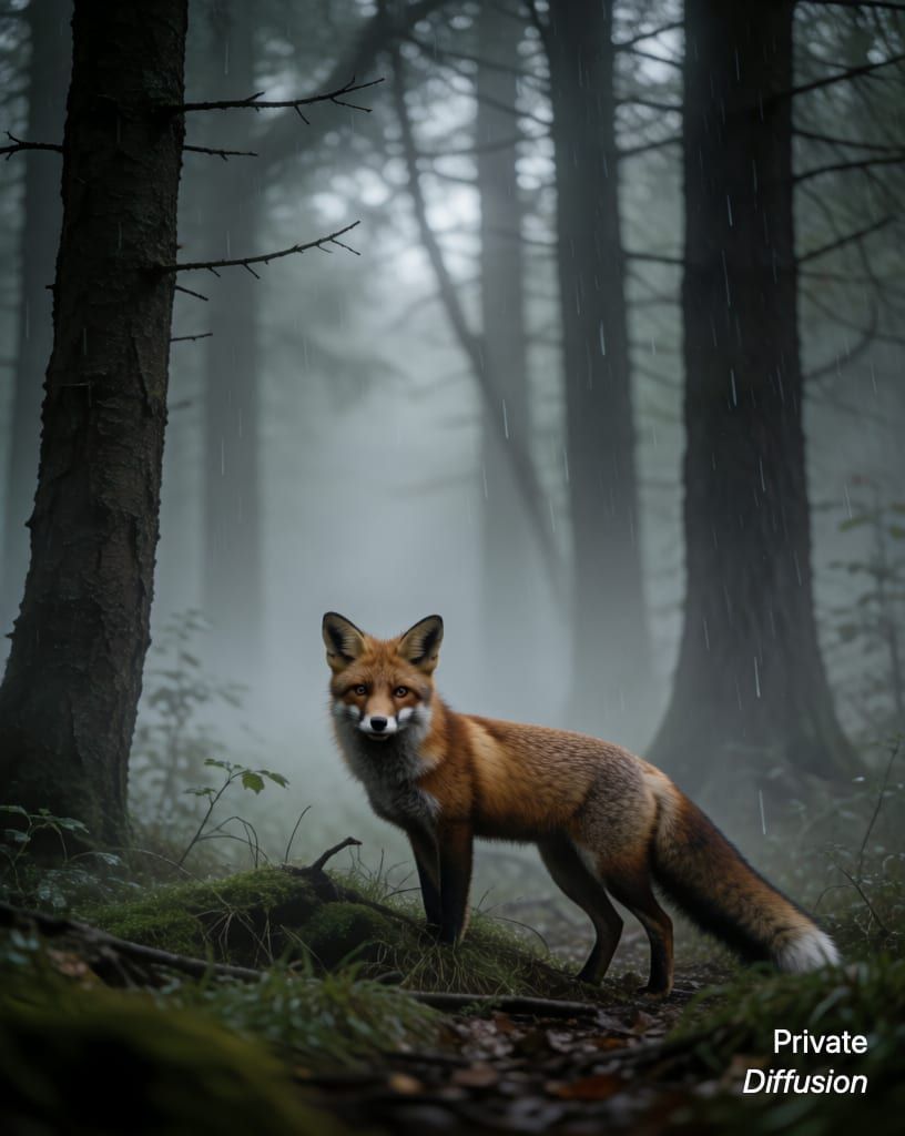 a fox in a misty forest, with light rain added