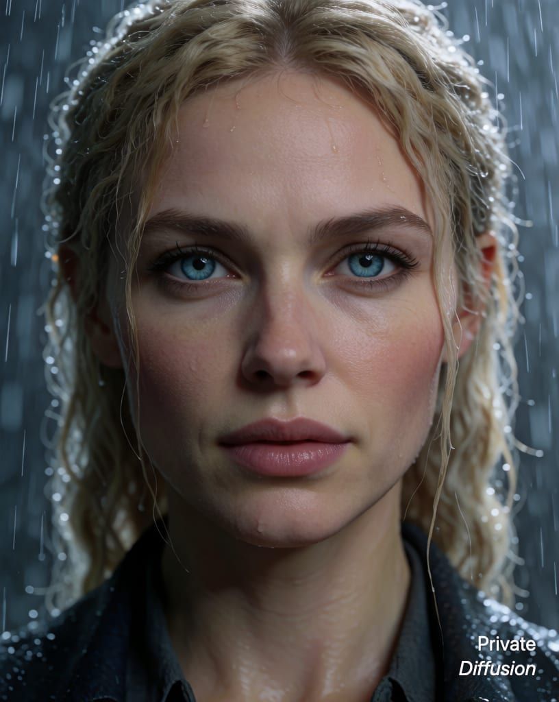 photorealistic portrait of a blonde woman with blue eyes, with light rain added