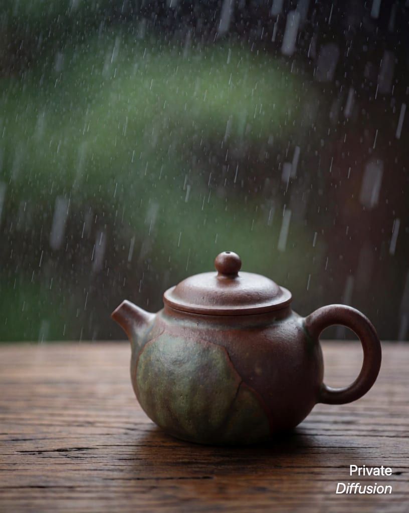 a ceramic teapot on a wooden table, with light rain added