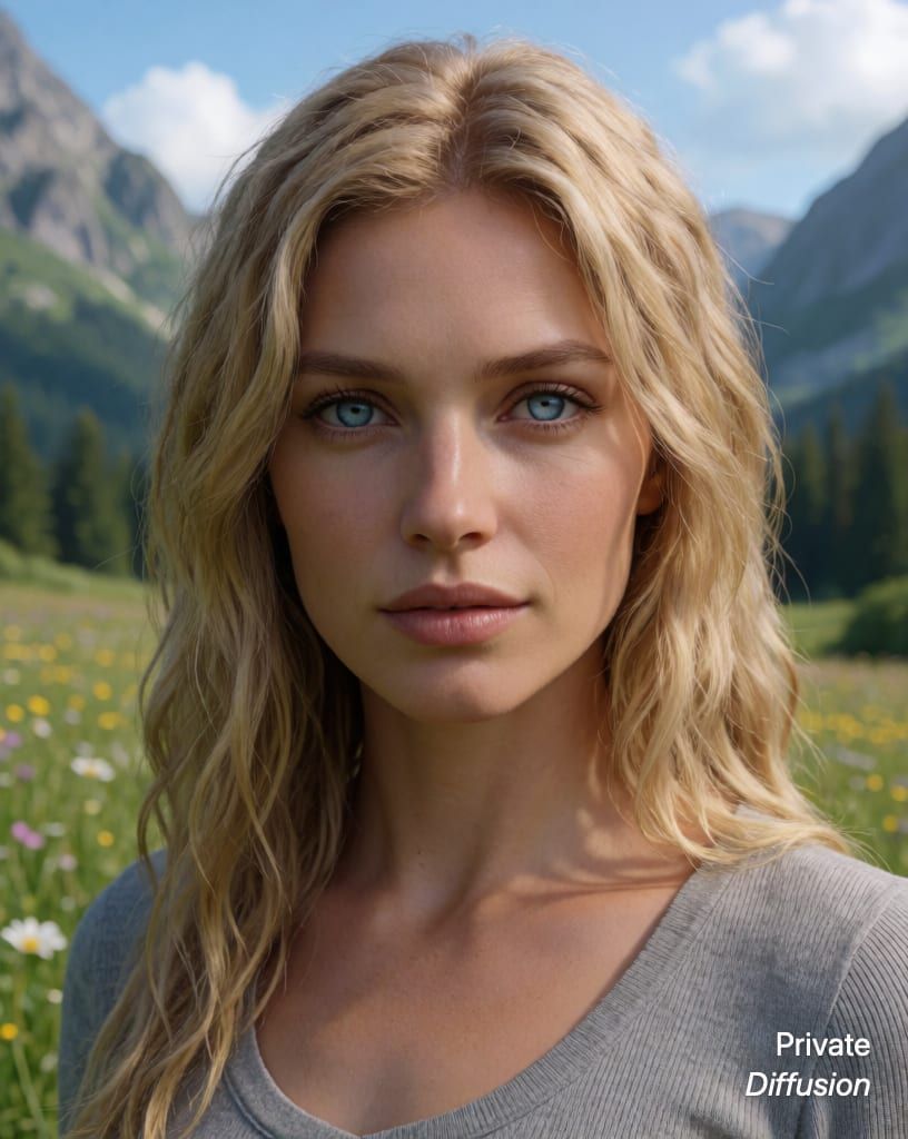 photorealistic portrait of a blonde woman with blue eyes, with mountain meadow added