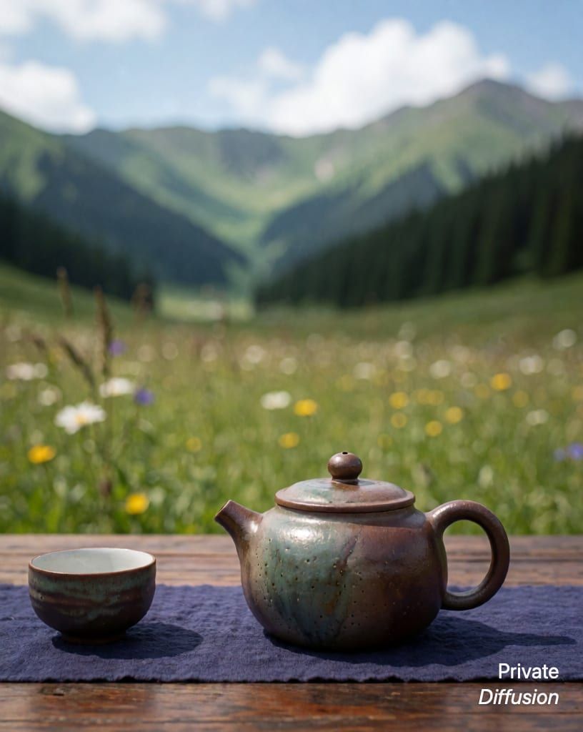 a ceramic teapot on a wooden table, with mountain meadow added