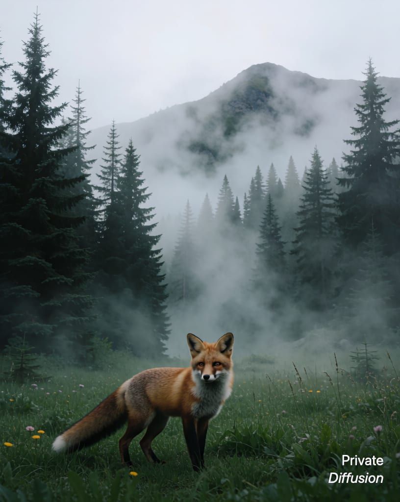 a fox in a misty forest, with mountain meadow added