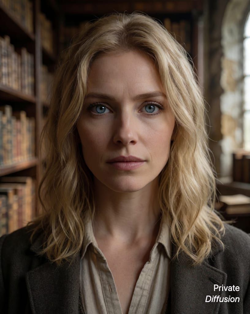 photorealistic portrait of a blonde woman with blue eyes, with old library added