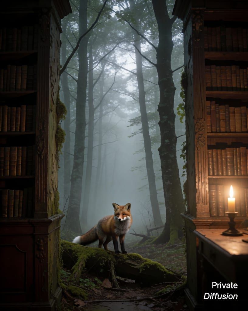 a fox in a misty forest, with old library added