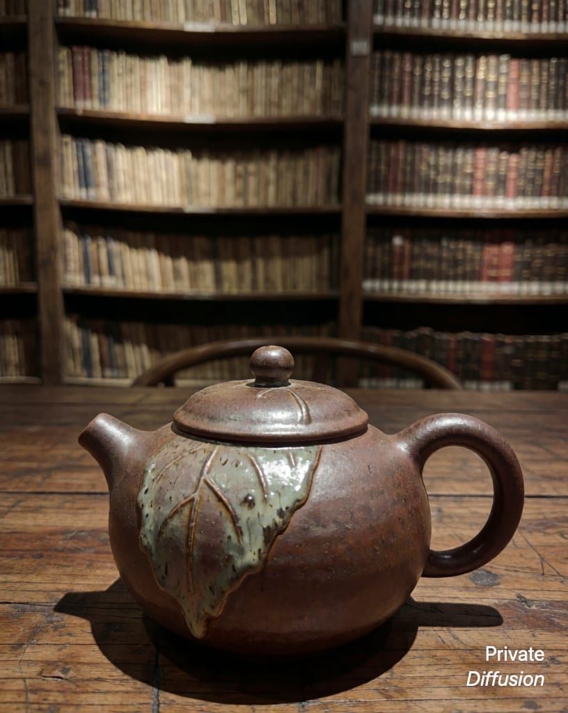 a ceramic teapot on a wooden table, with old library added