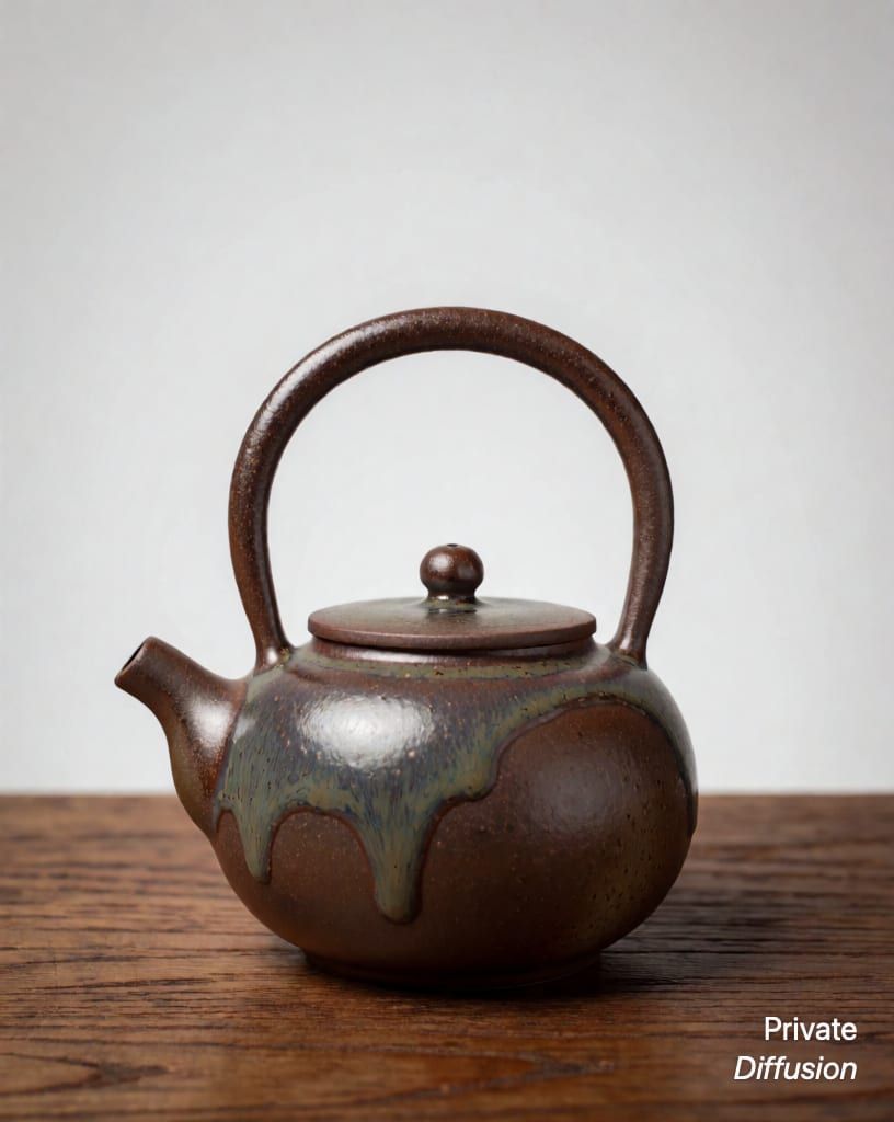 a ceramic teapot on a wooden table, with plain studio backdrop added