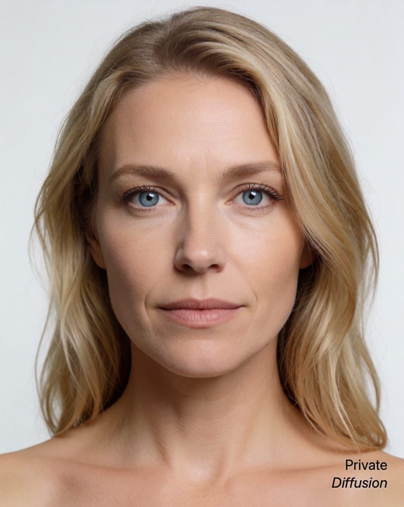photorealistic portrait of a blonde woman with blue eyes, with plain studio backdrop added